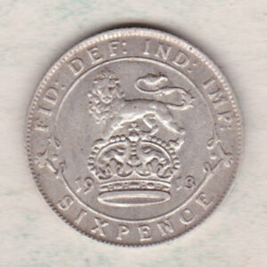 1913 Silver Sixpence coin featuring King George V on the Obverse. The Reverse features a crowned lion with date and denomination.