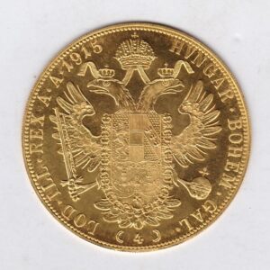 1915 Austria Gold Four Ducat featuring the portrait of Emperor Franz Joseph I on the Obverse. The double-headed imperial eagle is on the Reverse.