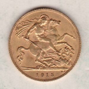 1915 Gold Half Sovereign coin featuring the portrait of King George V on the Obverse. St George and the dragon on the Reverse.