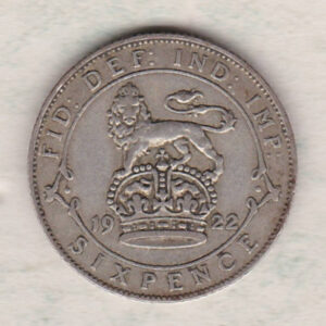 1922 Silver Sixpence coin featuring King George V on the Obverse. The Reverse features a crowned lion with date and denomination.