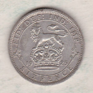 1925 Silver Sixpence coin featuring King George V on the Obverse. The Reverse features a crowned lion with date and denomination.