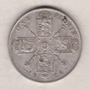 1926 Silver Florin coin. The portrait of King George V on the Obverse. The crowned cruciform shields around central Garter star on the reverse.