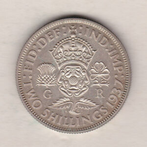 1937 Silver Proof Florin coin. The portrait of King George VI on the Obverse. The reverse depicts a crowned Tudor rose with denomination and date below.