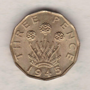 1945 Brass Threepence Coin featuring the portrait of King George VI on the Obverse. The thrift plant with denomination and date is on the Reverse.