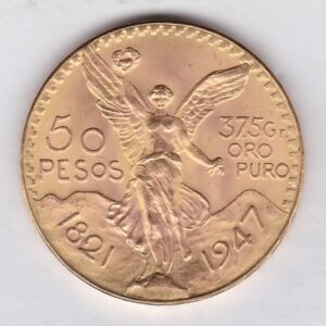 1947 Mexico Gold Fifty Pesos Coin. This Fifty Pesos coin was struck in 0.900 Gold and weighs approx. 41.67 grams. All of our Gold coins are in stock.
