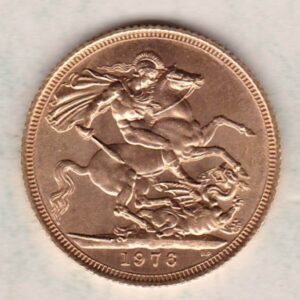 1976 Gold Sovereign Coin. This coin features the second portrait of Queen Elizabeth II on the obverse. St George and dragon on the reverse.