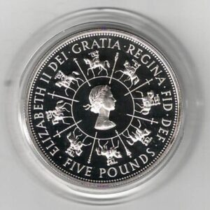 1993 Five Pound Silver Proof 40th Coronation Jubilee. The reverse features St Edward's Crown. Comes in red box. In Stock ready for dispatch.