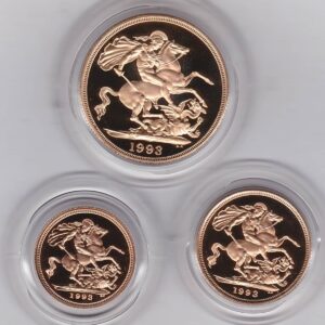 1993 Gold Proof Three Coin Set. This three coin gold sovereign set comes boxed with certificate as issued by the Royal Mint.