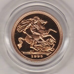 1995 gold proof half sovereign coin in capsule. This coin features Queen Elizabeth II on the obverse and St George and the dragon on the Reverse.