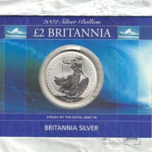 2002 Silver Britannia One Ounce Coin In Card Pack. The coin contains one ounce of fine silver. All of our silver coins have been pre-owned and are in stock.