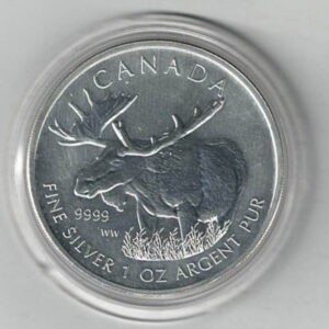2012 Silver Canada One Ounce Maple. Elizabeth II is on the obverse, The Moose is on the reverse. The coin contains one ounce of 9999 fine silver.