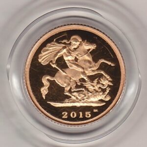2015 gold proof half sovereign coin in capsule. This coin features Queen Elizabeth II on the obverse and St George and the dragon on the Reverse.