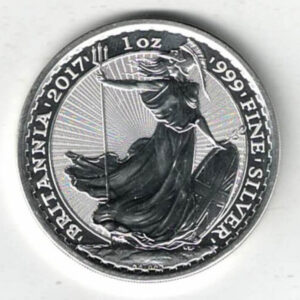 2017 Silver Britannia One Ounce Coin. The coin contains one ounce of 999 fine silver. All of our silver coins have been pre-owned and are in stock.