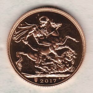 2017 Gold Sovereign Coin. This coin features the fifth portrait of Queen Elizabeth II on the obverse. St George and dragon on the reverse.