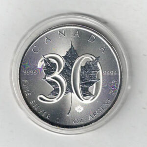 2018 Silver Canada One Ounce Maple. Elizabeth II is on the obverse, The Maple is on the reverse. The coin contains one ounce of 9999 fine silver.
