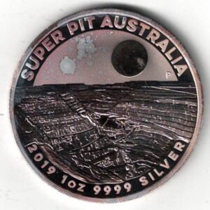 2019 Silver Australia One Ounce Super Pit Coin. Elizabeth II is on the obverse, A mine on the reverse. All coins are in stock.