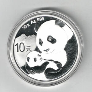 2019 China Silver Thirty Gram Panda Coin. The Obverse side features the temple of heaven. The coin contains thirty grams of 999 fine silver.