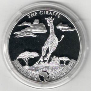 2019 Silver Congo One Ounce The Giraffe. This Coin features a running giraffe. The coin contains one ounce of 9999 fine silver.