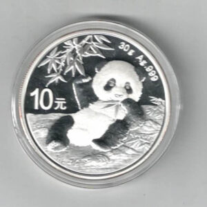 2020 China Silver Thirty Gram Panda Coin. The Obverse side features the temple of heaven. The coin contains thirty grams of 999 fine silver.