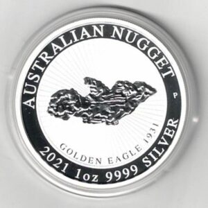 2021 Silver Australian Nugget Golden Eagle One Ounce Coin. Elizabeth II is on the obverse, a Golden Eagle gold nugget on reverse. All coins are in stock.