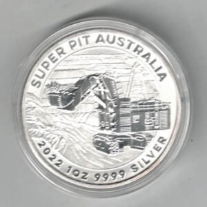 2022 Silver Australia One Ounce Super Pit Coin. Elizabeth II is on the obverse, a digger is on the reverse. All coins are in stock.