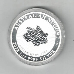 2022 Silver Australian Nugget Little Hero One Ounce Coin. Elizabeth II is on the obverse, Little Hero nugget on reverse. All coins are in stock.
