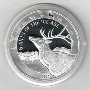 2022 Silver Ghana One Ounce Giants of the Ice Reindeer. A Reindeer is on the reverse. The coin contains one ounce of 999 fine silver.