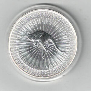 2024 Silver Australia One Ounce Kangaroo. Charles III is on the obverse, The kangaroo is on the reverse. The coin contains one ounce of 9999 fine silver.