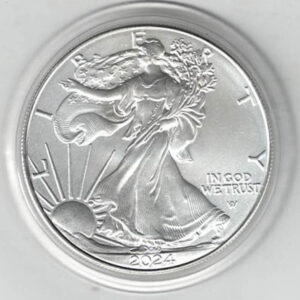 2024 Silver USA One Ounce Eagle. The liberty is on the obverse, The eagle is on the reverse. The coin contains one ounce of 999 fine silver.