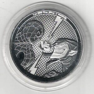 2024 Silver Niue One Ounce Spider Man Vs Green Goblin. Coat of Arms is on the obverse. The coin contains one ounce of 999 fine silver.