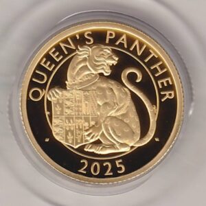 2025 Gold Proof Quarter Ounce Queen's Panther coin. The obverse features King Charles III. The reverse features the Tudor Panther.