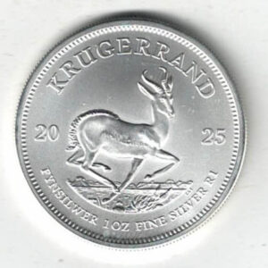 2025 Silver South Africa One Ounce Krugerrand. Paul Kruger is on the obverse. The coin contains one ounce of 999 fine silver