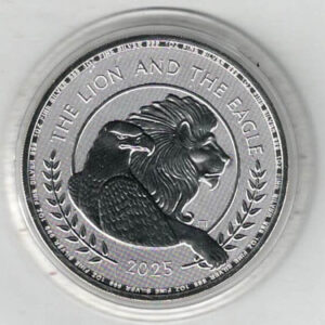 2025 The Lion And Eagle Silver One Ounce Coin . The coin contains one ounce of 999 fine silver. All of our silver coins have been pre-owned.