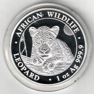 2025 Silver Somali Republic One Ounce Leopard Coin. The reverse features a Leopard. The coin contains one ounce of 999.9 fine silver.