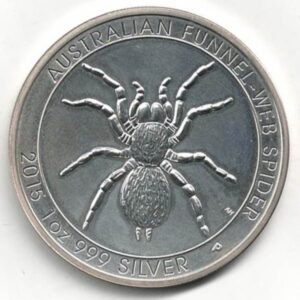 2015 Silver Australia One Ounce Spider. Elizabeth II is on the obverse, The Spider is on the reverse. The coin contains one ounce of 999 fine silver.