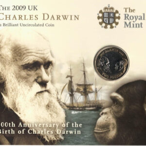 2009 Two Pound Coin featuring Charles Darwin and a chimpanzee facing one another. Queen Elizabeth II on the Obverse. All coins are in stock.