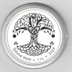 Ireland Tree Of Life Silver One Ounce Round. The round contains one ounce of .999 fine silver. All rounds/coins are in stock.