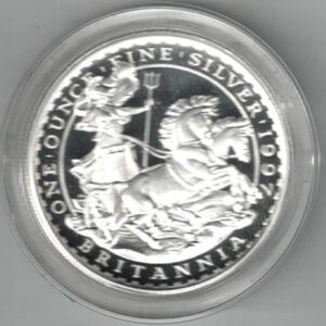1997 Silver Britannia Proof One Ounce. The coin contains one ounce of fine silver. All of our silver coins have been pre-owned and are in stock.
