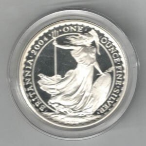 Boxed 2004 Silver Britannia Proof One Ounce. The coin contains one ounce of fine silver. All of our silver coins have been pre-owned and are in stock.
