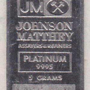 Five Gram Platinum Bar by Johnson Matthey. This platinum bar weighs five grams of .9995 platinum and comes in a plastic coin envelope.
