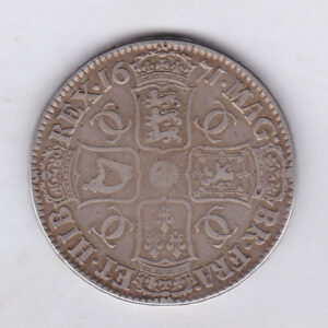 1671 Silver Crown Coin featuring the bust of King Charles II on the Obverse and the crowned cruciform of shields on the reverse.