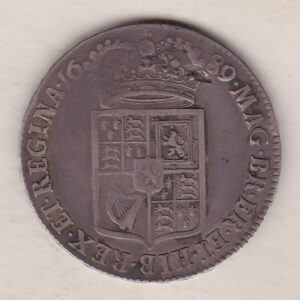 1689 Silver Halfcrown coin. The obverse features King William and Queen Mary. The reverse features the first quartered shield of arms.