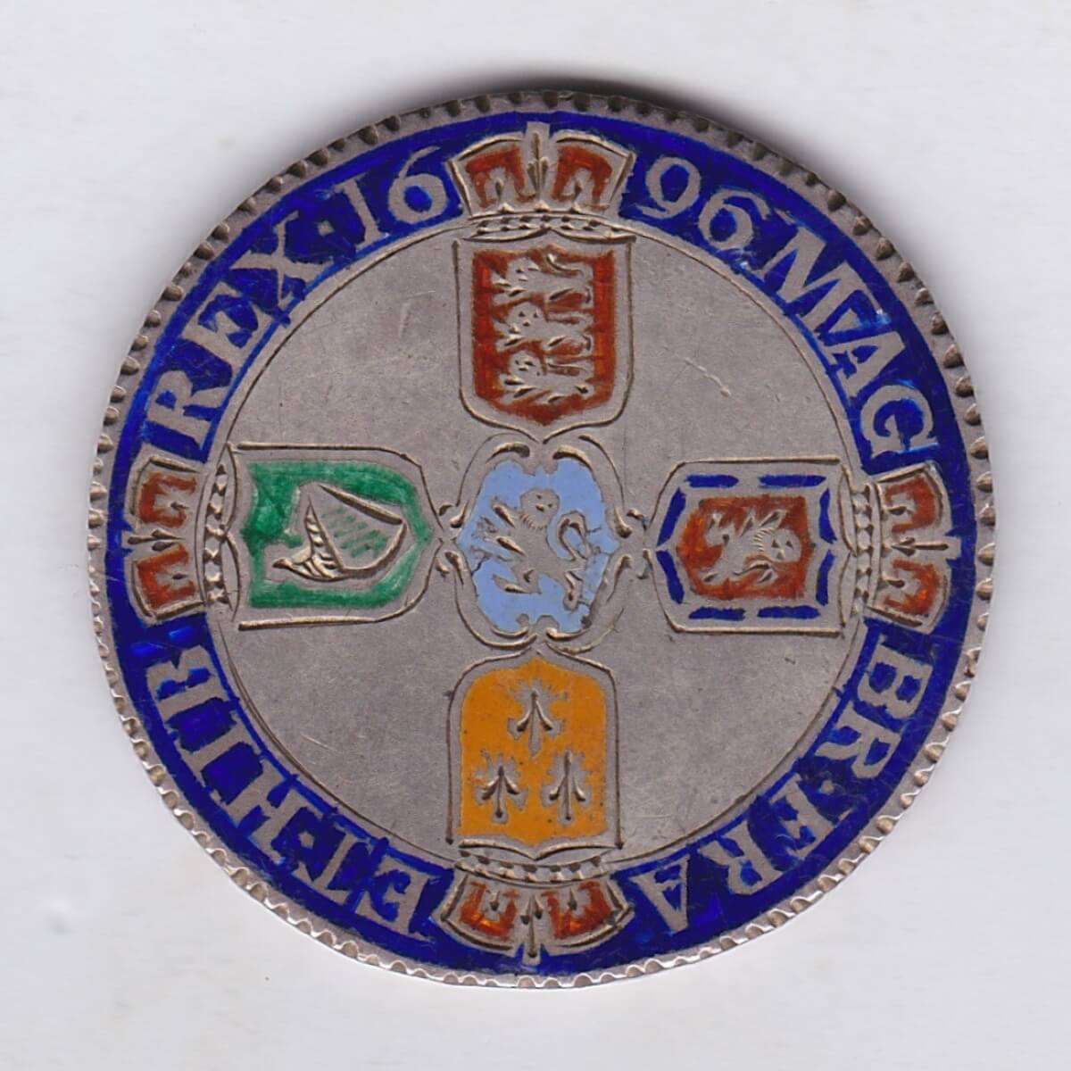 Enamelled 1696 silver crown Coin. This coin has been enamelled in six different colours on the reverse. The obverse has two mount marks.