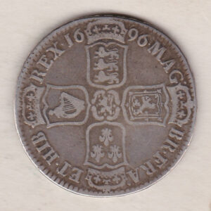 1696 y Silver Halfcrown - With King William III on the Obverse. Crowned cruciform shields around central Nassau lion on the Reverse.