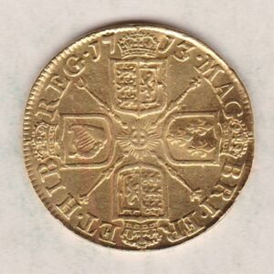 1713 Gold Guinea Coin featuring the portrait of Queen Anne on the obverse. The crowned cruciform shields around central Garter star on the reverse.