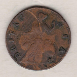 1735 copper halfpenny coin featuring King George II on the Obverse. Britannia seated facing left holding a trident on the Reverse. 