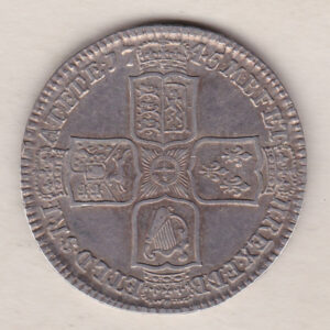 1745 Lima Silver Halfcrown coin with King George II on the Obverse. Crowned cruciform shields with central Garter stars on the Reverse.