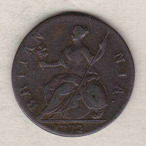 1772 copper halfpenny coin featuring King George III on the Obverse. Britannia seated facing left holding a trident on the Reverse. 