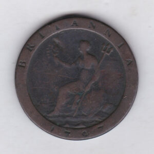 1797 Copper Cartwheel Penny Coin. The portrait of King George III on the obverse. The reverse features a seated figure of Britannia.
