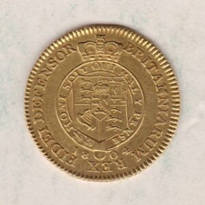 1804 Gold Half Guinea Coin featuring the laureate head portrait of King George III on the obverse. The reverse features the crowned shield of arms.